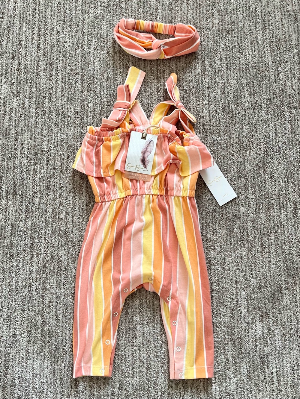 NWT Jessica Simpson Summer Striped Romper with Headband Size 6/9 Months